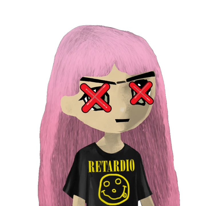 Retardio Cousin #251, pink hair and a RETARDIO tee, eyes crossed out in red